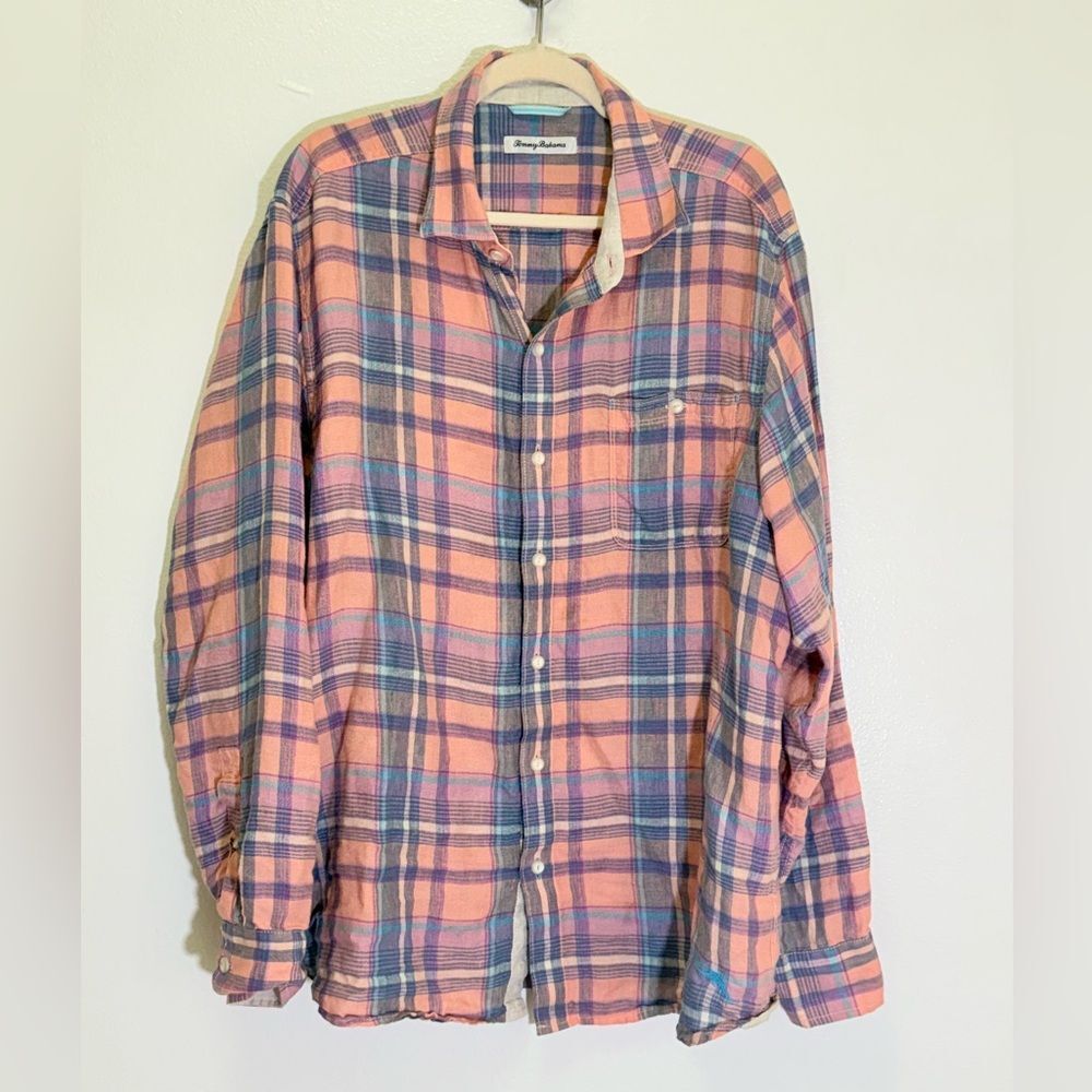 Tommy Bahama - Linen Long Sleeve Button Down Pastel Plaid Beach - Men's size L